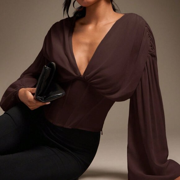 MODA ME COUTURE Tops - Brown Elegant Women's Sexy Chiffon Corset Blouse